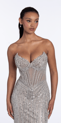 Rhinestone Beaded Illusion Strapless Corset Column Dress