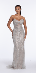 Rhinestone Beaded Illusion Strapless Corset Column Dress