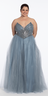 Strapless Pointed Beaded Corset Glitter Tulle Ballgown