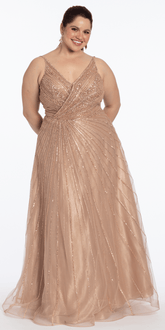 Deep V Neck Mesh Linear Beaded A-Line Dress