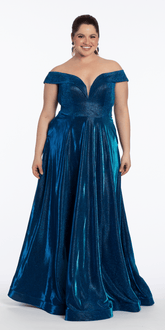 Iridescent Metallic Glitter Off the Shoulder Plunge A Line Dress