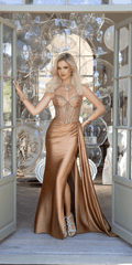 Satin Embellished Corset Column Dress with Side Drape