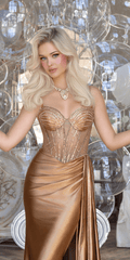 Satin Embellished Corset Column Dress with Side Drape