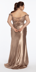Off the Shoulder Sequin Satin Column Dress with Exaggerated Side Slit