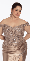 Off the Shoulder Sequin Satin Column Dress with Exaggerated Side Slit
