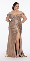 Off the Shoulder Sequin Satin Column Dress with Exaggerated Side Slit
