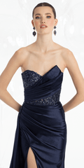 Satin Embroidered Strapless Column Dress with Side Drape