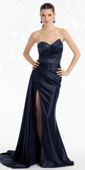 Satin Embroidered Strapless Column Dress with Side Drape