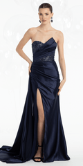 Satin Embroidered Strapless Column Dress with Side Drape