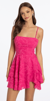 Jacquard Triple Tier Square Neck Tie Back Fit and Flare Dress