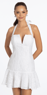 Jacquard Lace Halter Notch Neck Single Tier Dress