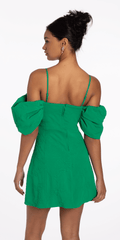 Knit Jacquard Plunge Puff Sleeve Fit and Flare Dress
