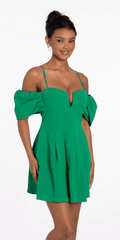 Knit Jacquard Plunge Puff Sleeve Fit and Flare Dress