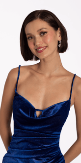 Iridescent Cowl Neck Velvet Lace Up Back Bodycon Dress