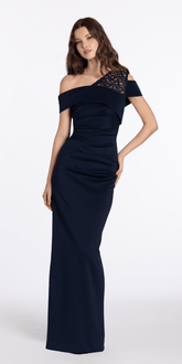 Lace One Shoulder Foldover Scuba Column Dress with Back Slit