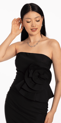 Strapless Midi Dress with Side Ruched Rose Detail