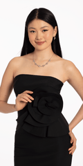 Strapless Midi Dress with Side Ruched Rose Detail