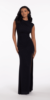 Jewel Neck Mesh Cap Sleeve Column Dress with Heat Set Stones