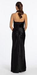 Satin Cowl Neck Halter Column Dress with Side Ruching