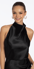 Satin Cowl Neck Halter Column Dress with Side Ruching