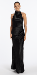Satin Cowl Neck Halter Column Dress with Side Ruching
