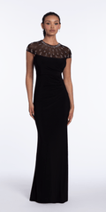 Beaded Illusion Cap Sleeve Jersey Column Dress