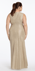 Metallic Cowl Neck Column Dress with Ruching and Tendril
