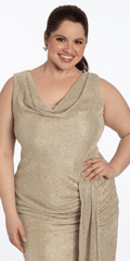 Metallic Cowl Neck Column Dress with Ruching and Tendril