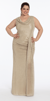 Metallic Cowl Neck Column Dress with Ruching and Tendril