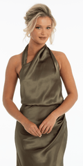 Satin Asymmetrical Neck Blouson Column Dress with Back Ruching