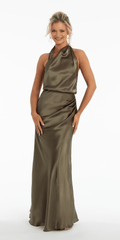 Satin Asymmetrical Neck Blouson Column Dress with Back Ruching