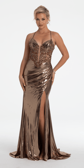 Metallic Foil Plunge Corset Trumpet Dress with Shawl