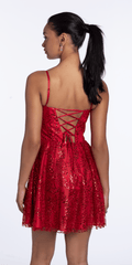 Sweetheart Glitter Mesh Lace Up Back Skater Dress with Pockets