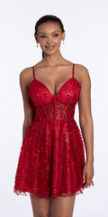 Sweetheart Glitter Mesh Lace Up Back Skater Dress with Pockets