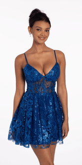 Glitter Mesh Sweetheart Corset Lace Up Back Skater Dress