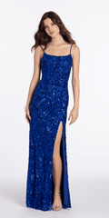Ribbon Sequin Scoop Mesh Column Dress with Side Slit