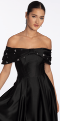 Satin Off the Shoulder Ballgown with Rhinestone Bow Detail