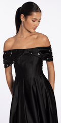 Satin Off the Shoulder Ballgown with Rhinestone Bow Detail