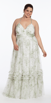 Floral Mesh Strappy Back Halter A Line Dress with Ruffle Tiered Hem