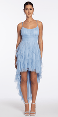 Scoop Neck Glitter Mesh Lace Up Back High-Low Dress