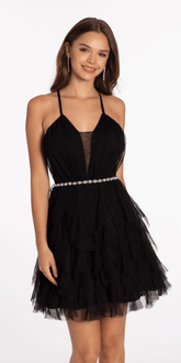 Mesh Plunge Fit and Flare Dress with Pearl Waist Detail