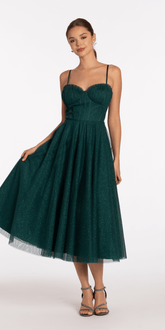 Glitter Mesh Sweetheart Pleated Tea Length Dress