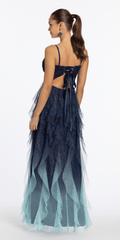 Strappy Back Ombre Glitter Mesh A Line Dress with Rhinestone Detail