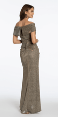 Metallic Off the Shoulder Column Dress with Side Drape