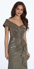 Metallic Off the Shoulder Column Dress with Side Drape