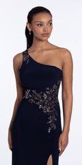 Jersey One Shoulder Column Dress with Embroidery and Contrast Lining