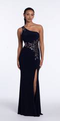 Jersey One Shoulder Column Dress with Embroidery and Contrast Lining