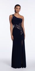 Jersey One Shoulder Column Dress with Embroidery and Contrast Lining