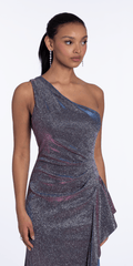 Two Tone Metallic One Shoulder Column Dress with Side Cascade