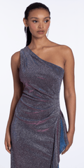 Two Tone Metallic One Shoulder Column Dress with Side Cascade